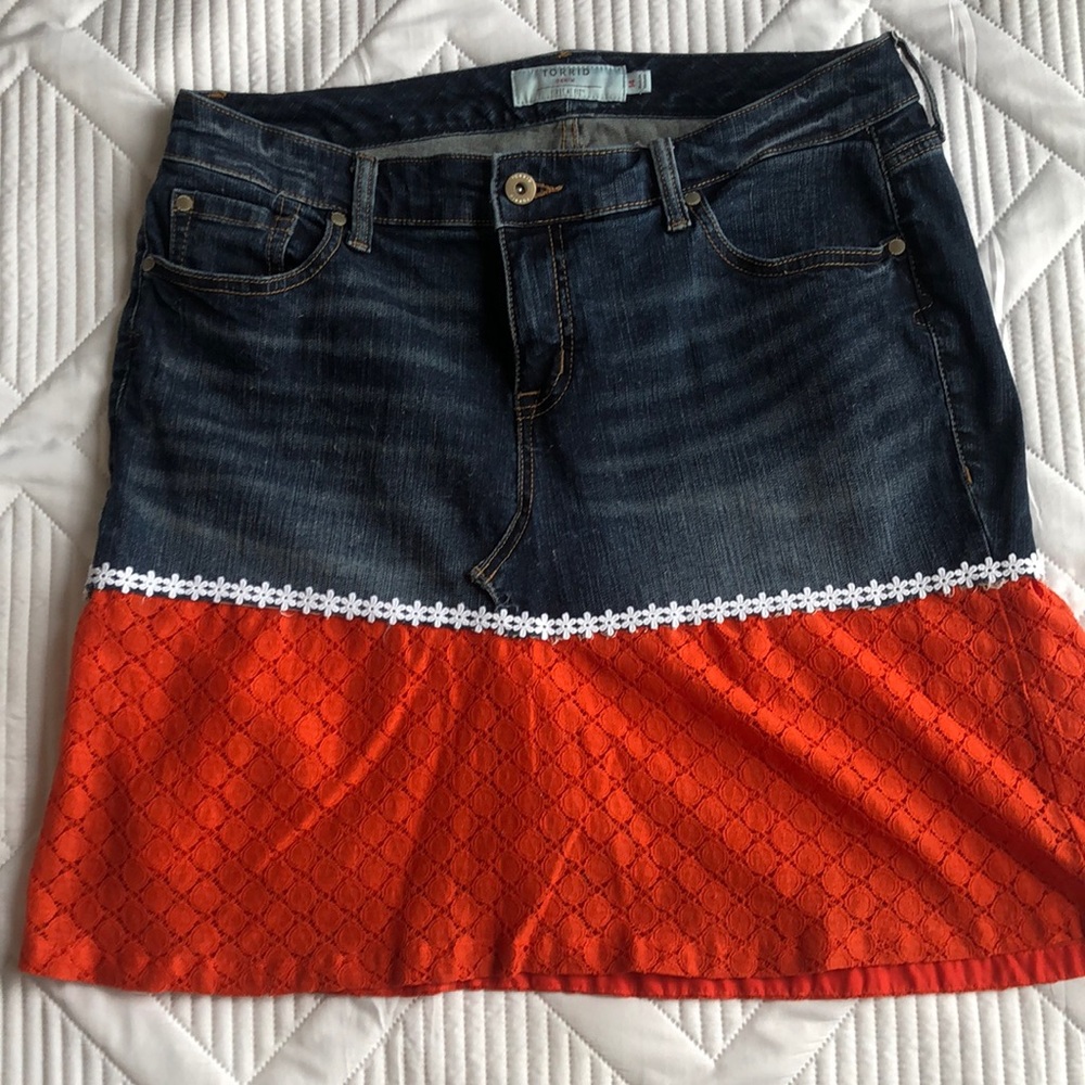 Torrid Jean Skirt. Size 14 . Half jean skirt half Orange fabric with white trim